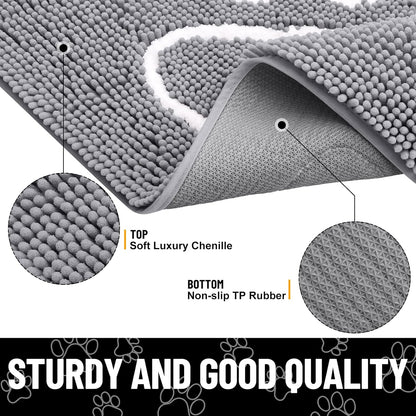 Smiry Dog Door Mat for Muddy Paws, Absorbent Dirt Trapper Non Slip Quick Dry Washable Chenille Mat for Mud Dogs, Entry Rug for Indoor and Outdoor (30x20 Inches, Grey and White)