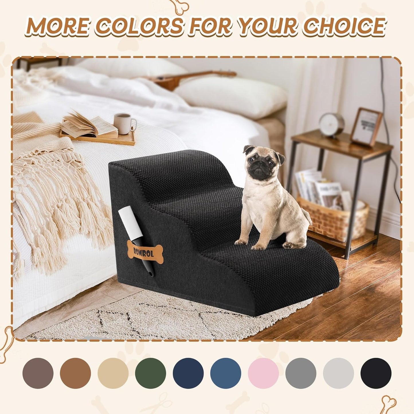 Romrol Dog Stairs Ramp for Beds Couches, Extra Wide Pet Steps with Durable Non-Slip Waterproof Fabric Cover, Dog Slope Stairs for Small Dogs and Cats or Pets Friendly, 3-Tiers, 13 Inch,Black - Pawvie