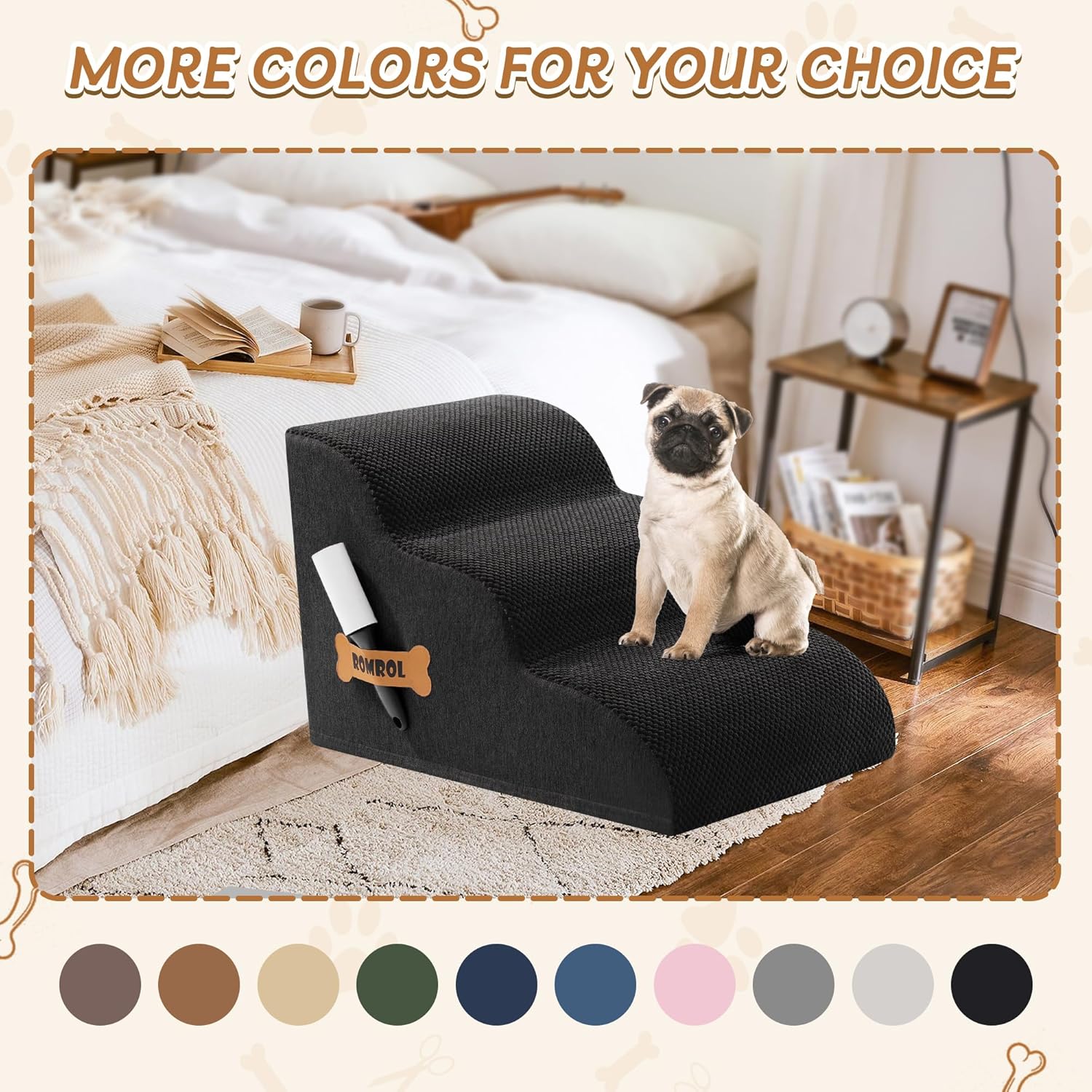 Romrol Dog Stairs Ramp for Beds Couches, Extra Wide Pet Steps with Durable Non-Slip Waterproof Fabric Cover, Dog Slope Stairs for Small Dogs and Cats or Pets Friendly, 3-Tiers, 13 Inch,Black - Pawvie