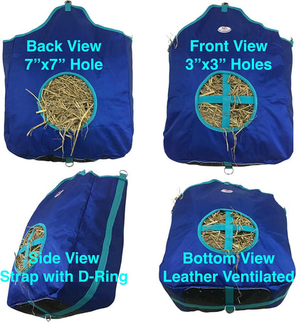 Majestic Ally Nylon Hay Feeder Tote Bag for Horse, Goat, Sheep - Double Sides Open Feed Hole with Faux Leather Ventilated Bottom- Premium Quality -Simulates Grazing - Reduces Waste (Royal Blue)
