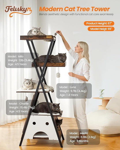 Modern Wood Cat Tree Tower for Indoor Cats Large Adult - 67 Inch Tall Multi-Level Heavy Duty Cat Condo Trees Furniture with Caves Perch Bed Scratching Board - XL Big Sturdy Wooden Kitty House
