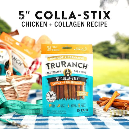 TRURANCH Collagen Sticks - 5" Collagen Sticks for Dogs - Long Lasting Healthy Joint Support - Rawhide Alternative - Skin & Coat Health - Made with Real Chicken, Value Pack, 3 Bags, 45 Count