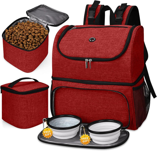 BAGLHER Pet Travel Bag, Double-Layer Pet Supplies Backpack (for All Pet Travel Supplies), Pet Travel Backpack with 2 Silicone Collapsible Bowls and 2 Food Baskets Red - Pawvie