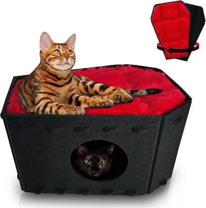 Gothic Cat Bed for Indoor Cats or Pets, Foldable as Halloween Cat House with Soft Cushion for Goth Bed, Gothic Cat House, Coffin Shape Cat Cave Bed, Black and Red Color Halloween Cat Bed