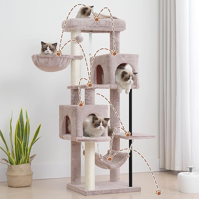 51.2'' Cat Tree Tower, Cat Tower with Scratching Post, Sturdy Steel Pube Cat Tree for Inoor Cats Large Adult, Cat Hammock and Basket, Padding Top Platform, Mushroom GCT014MU