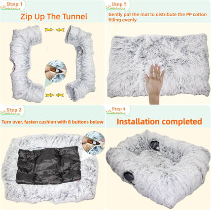 XxingSheep 4 Cave Shuttled XL Cat Tunnel Bed for Indoor Cats Peekaboo Toy Donut with Warm Mat, Yellow-Brown