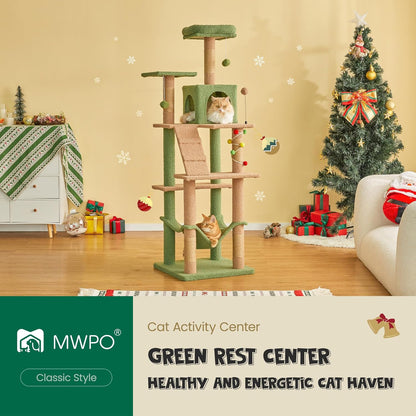 MWPO 63.8 Inches Green Cat Tree for Indoor Cats, Multi-Level Cat Tower with Sisal-Covered Scratching Posts, Padded Platform, Hammock, Dangling Toys, Stable Cat Condo Pet Play House