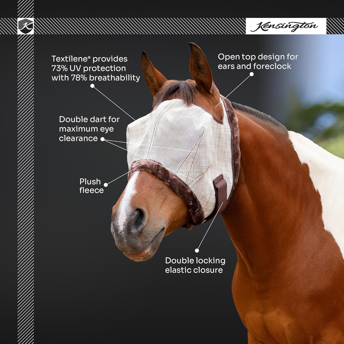 Kensington Fly Mask with Fleece Trim for Horses — Protects Face and Eyes from Flies and Sun Rays While Allowing Full Visibility — Breathable and Non Heat Transferring, Medium, Kentucky Blue