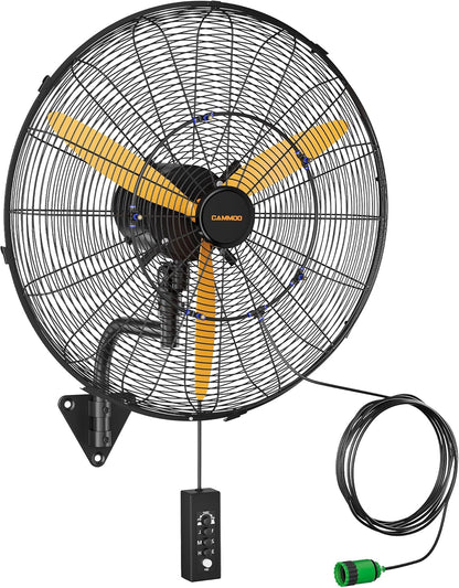 24 Inch Oscillating Misting Wall Mount Fan, Extra Long 3.9ft Wired Remote and 9.8ft Power Cord, IP44 Industrial Commercial Wall Mounted Fan for Greenhouse, Garage, Workshop, Covered Patio