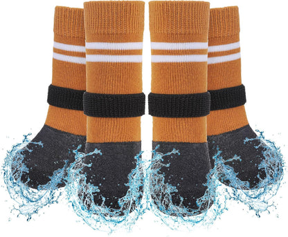 SCENEREAL Anti Slip Dog Boots & Paw Protectors for Hardwood Floor, Extended Dog Socks to Prevent Licking Paws, Waterproof Pet Snow Rain Shoe for Winter Large Senior Dogs, Khaki L