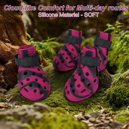 Dog Shoes for Hot Pavement and Snow, Silicone Dog Booties for Small Medium Large Dogs, Waterproof Paw Protectors- Non-Slip, Adjustable Straps, Dog Boots for Beach/Rain/Hiking (Black Pink, L)