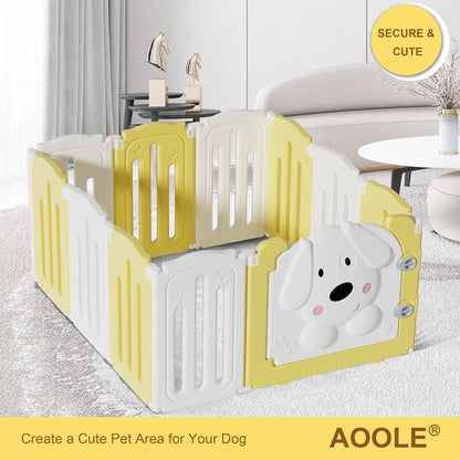 Foldable Dog Play Pen Indoors, Non-Slip Sturdy Puppy Playpen with Door, 25.5" H 10-Panel Adjustable Shape Dog Fence Pen for Small/Medium Dogs, Thickened, Easy to Store, White+Yellow