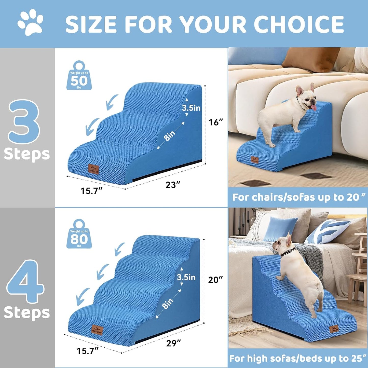 Dog Ramp and Stair for Bed 16" H-20 H,3-Step Cat Stair for Sofa and Chair,4-Step Dog Ramp for High Bed and Window,Durable Nonslip Fabric Cover for Indoor (Blue-16“H, Pet Friendly, 3) - Pawvie