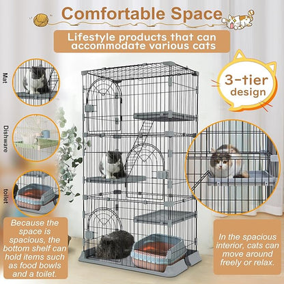 Cat Cage 3-Tier Indoor Cat Enclosure with Widen Bottom Buckle & Reinforced Locking Clamps DlY Cat Playpen for 2-3 Cats & Small Pets,30" Lx 20" W X 52.5" H (Green, Three-Tier52.5")