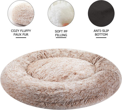Bedfolks Calming Donut Dog Bed, 36 Inches Round Fluffy for Large Dogs, Anti-Anxiety Plush, Machine Washable (Brown, Large)