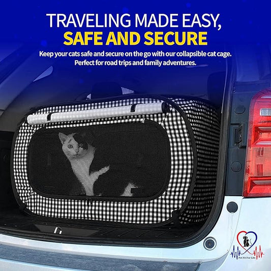 Pet Fit For Life Extra Large Cat Carrier for Travel - Foldable & Portable Collapsible Kennel with Litter Box, Feather Toy & Water/Food Bowl - Ideal for Cars, Long Trips & Indoor Cats - Black Checkers