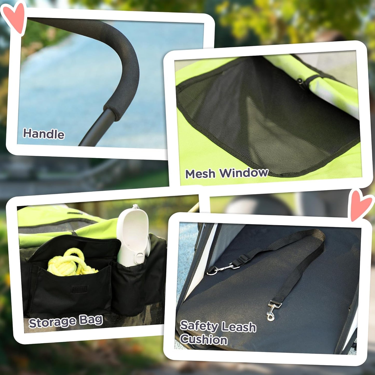 PawHut Dog Stroller, Pet Stroller 3 Wheels with Easy One-Hand Fold, Rubber Wheels, Storage Bag, Soft Cushion, Safety Leash, for Small & Medium Dogs, Yellowish Green - Pawvie