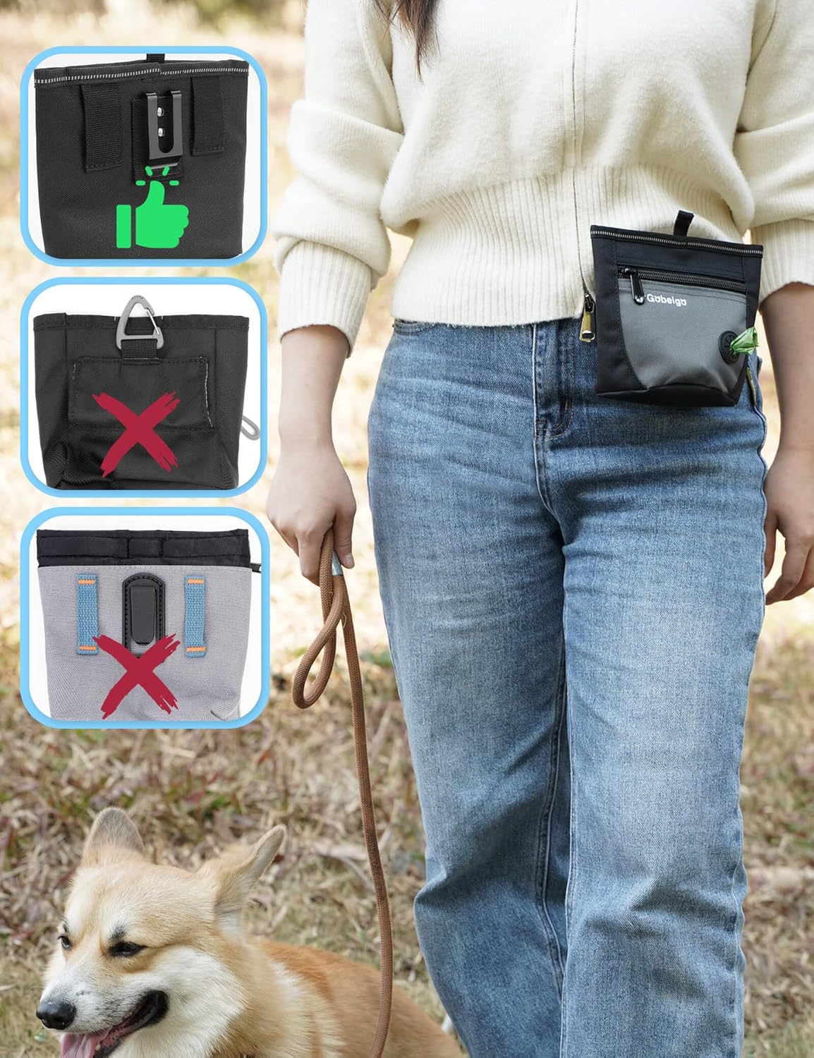 Gobeigo Dog Treat Pouch and Training Clicker, Upgrade Two Magnetic Closure to Prevent Spills, 2 Cup Treat Bag with Poop Bag Dispenser, Metal Clip Waist Belt Fanny Pack for Pet Walking (Black/Gray)
