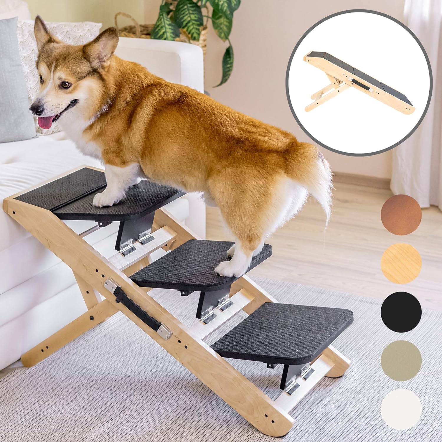 Dog Steps for Bed & Couch 2-in-1 Dog Stairs/Ramp - Height Adjustable Dog Ramp for Couch 7” - 20” - Pet Stairs, Dog Stairs for Small Dogs - Easy to Move Pet Steps with Landing Platform, Natural - Pawvie