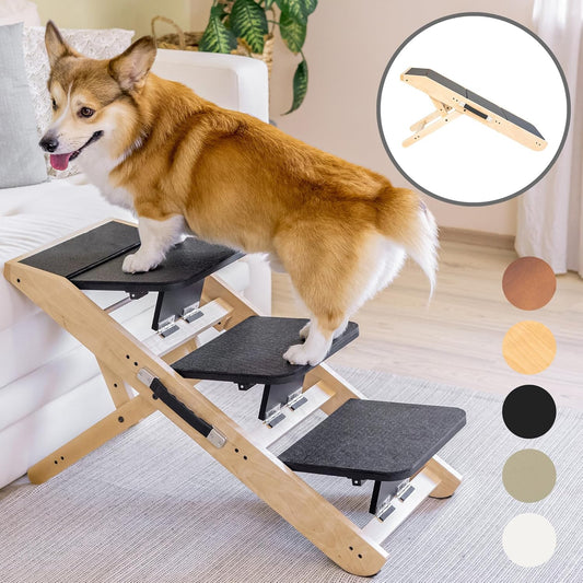 Dog Steps for Bed & Couch 2-in-1 Dog Stairs/Ramp - Height Adjustable Dog Ramp for Couch 7” - 20” - Pet Stairs, Dog Stairs for Small Dogs - Easy to Move Pet Steps with Landing Platform, Natural - Pawvie