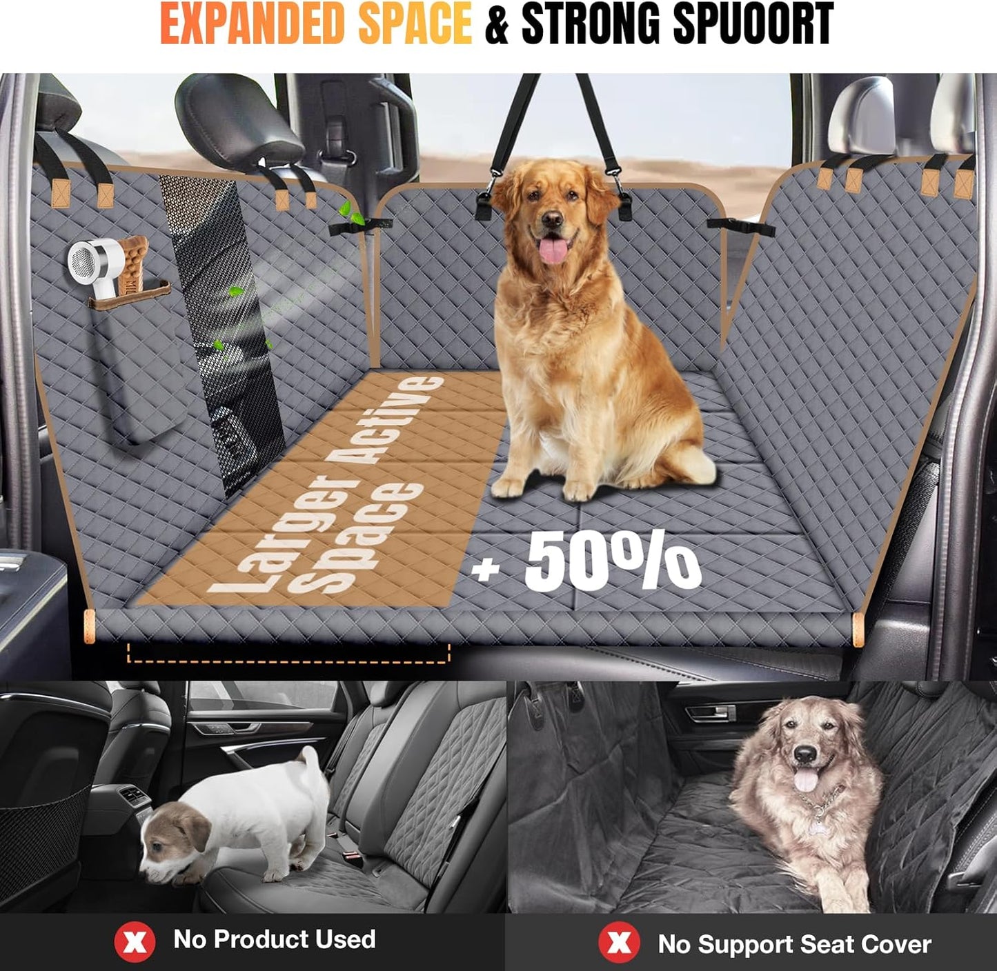 Dog Car Seat Cover for Back Seat, Dog Car Bed Cover with Strong Hard Bottom, Car Back Seat Extender Hammock for Car SUV Truck 4 Panels Gray Color Large Size - Pawvie