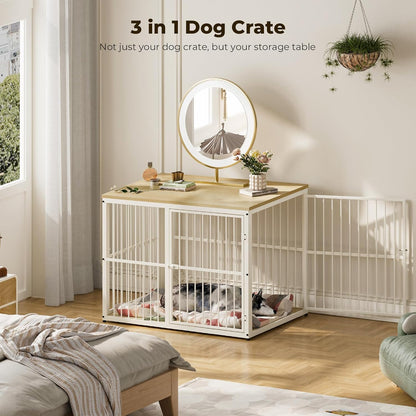 Lyromix 43'' Dog Crate Furniture with 3 Doors, XL Wooden Crate End Table, Heavy Duty Indoor Puppy Cage Kennel for Medium to Large Dogs, Multiple Units Can be Combined, Natural Beech