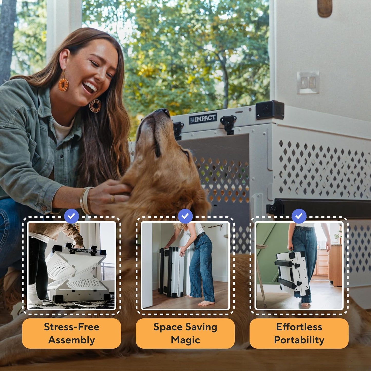 Impact Collapsible Dog Crate - Foldable Hard Crate for Extra Large Dogs - Heavy Duty Travel Kennel with Powder-Coated Aluminum - Quick Setup for Indoor & Outdoor (White, 40"+ (40.5" L x 27.5”W x 34" H