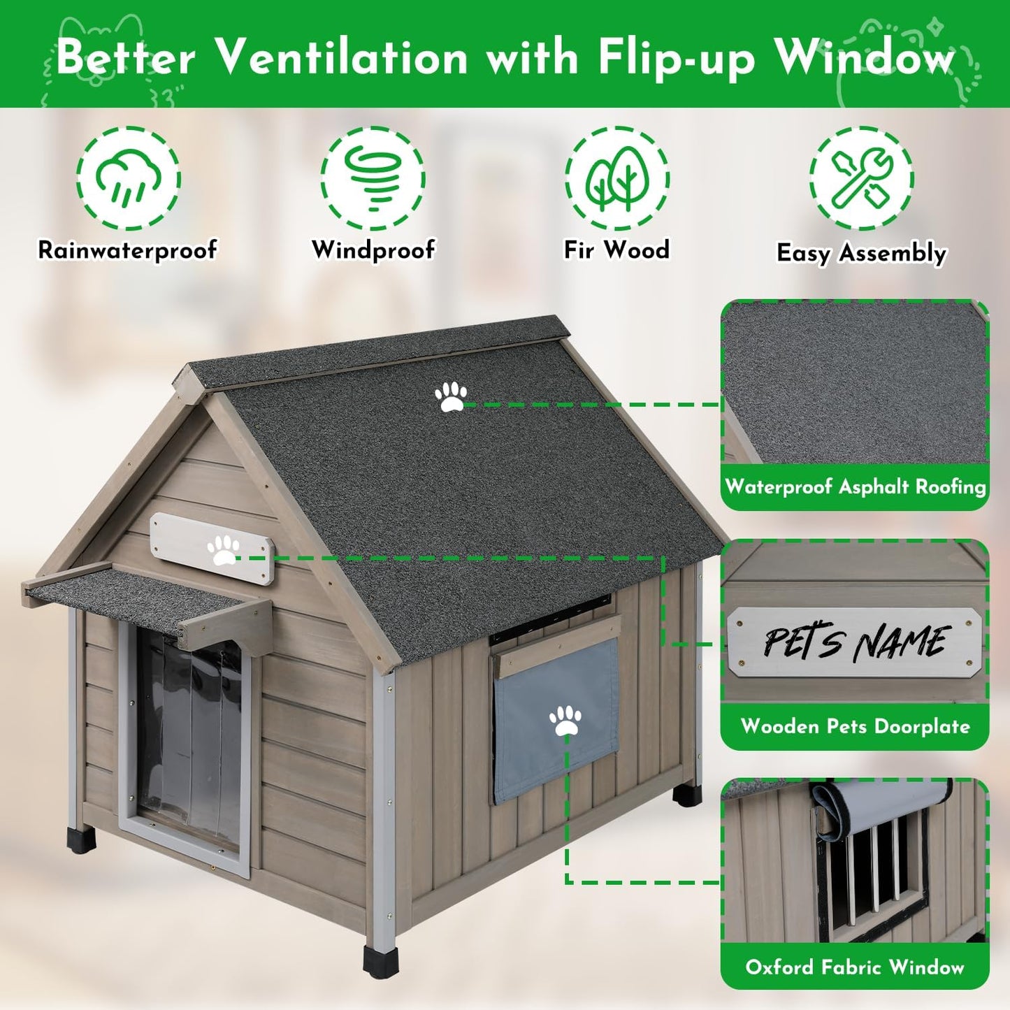 Outdoor Dog House Weatherproof Large Wooden Dog Kennel Indoor for Small Dogs with Chew-Proof Frame, Oxford Fabric Window, Removable Floor Pet Shelter (Grey, 26" D x 31.9" W x 32" H)