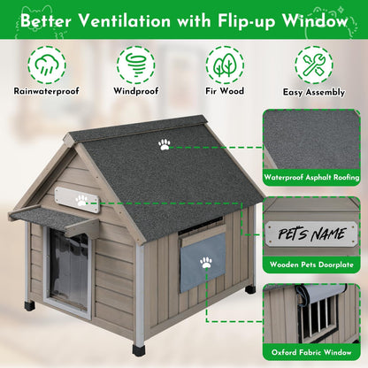 Outdoor Dog House Weatherproof Large Wooden Dog Kennel Indoor for Small Dogs with Chew-Proof Frame, Oxford Fabric Window, Removable Floor Pet Shelter (Grey, 26" D x 31.9" W x 32" H)