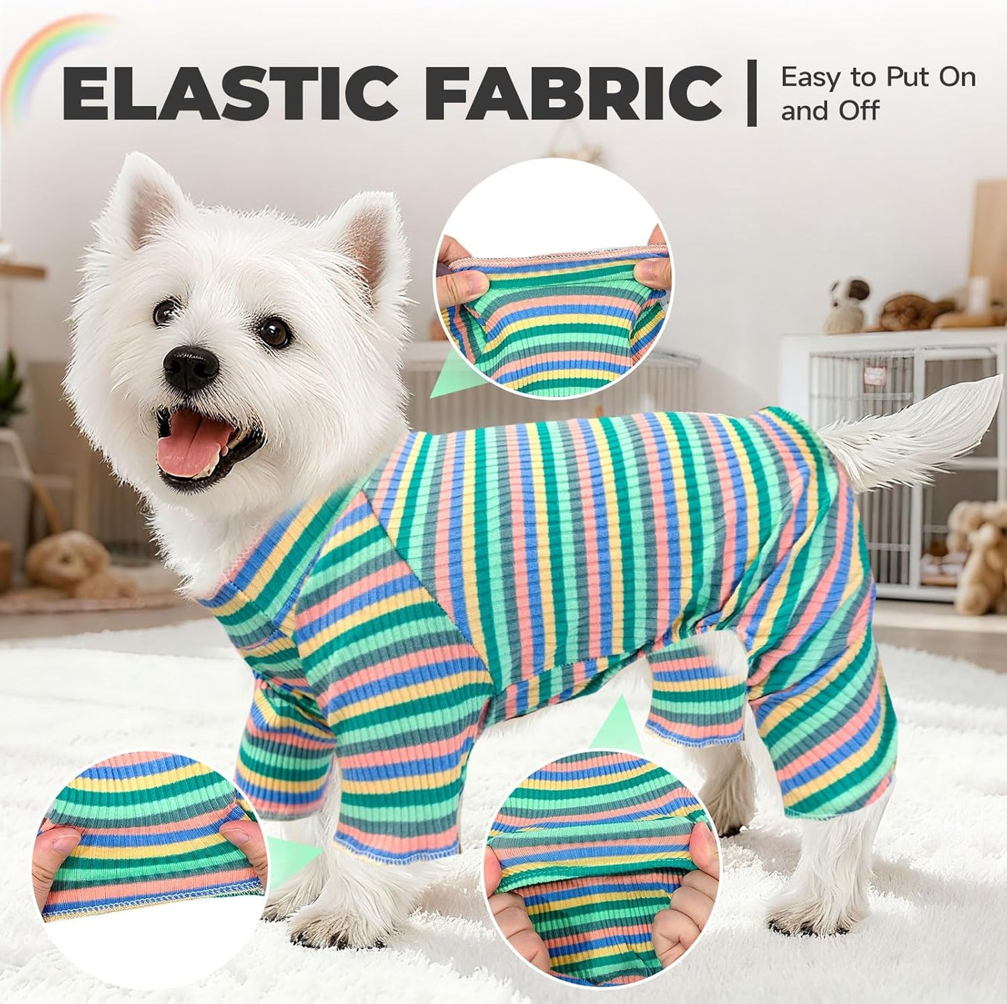 BAEJMJK Striped Dog Pajamas Stretchy Cute Four-Legged Boy Girl Dog Clothes with Sleeves Comfortable Dogs Jumpsuit Colorful Pet Puppy Outfits Apparel for Small Medium Dogs Cats(Green,Medium)