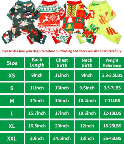 PET SHOW 4 Pack Christmas Small Dog Pajamas Holiday Dog Clothes Doggies Soft Stretchy PJs Xmas Jumpsuit Puppy Cats Girl Boy Onesies Red Green Outfits with Sleeve Pets Dachshund Costume XS