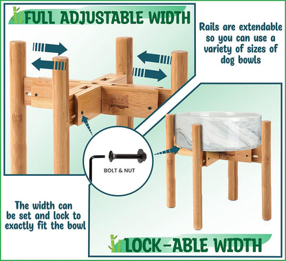 Dog Bowl Stand for Large Breed - 14-inch High, Adjustable Sideways to Fit Various Sizes of Pet Food/Water Bowls, Slow Feeders, and Drink Fountains - Bamboo