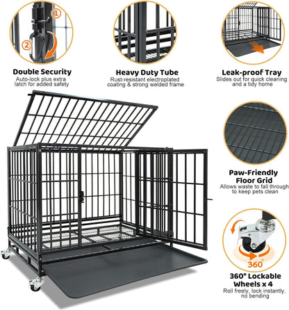 Stackable 36 Inch Dog Crate, Heavy Duty Indestructible Cage Escape Proof Collapsible Kennel with Open Top, Lockable Wheels, Removable Tray & Metal Grid for High Anxiety Medium/Small Dogs