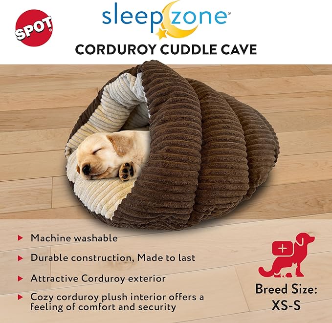 SPOT Sleep Zone Cuddle Cave - Cat Cave Bed for Indoor Cats and Mini Dogs, Durable, Comfortable, Washable for Kittens and Puppies Under 10 lbs and 12 inches Long, Corduroy Brown