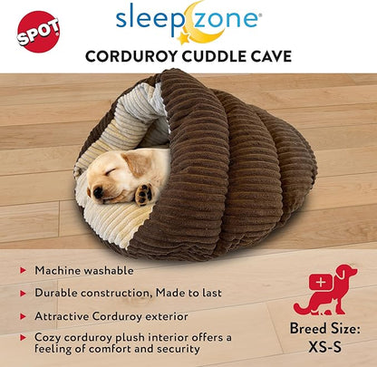 SPOT Sleep Zone Cuddle Cave - Cat Cave Bed for Indoor Cats and Mini Dogs, Durable, Comfortable, Washable for Kittens and Puppies Under 10 lbs and 12 inches Long, Corduroy Brown