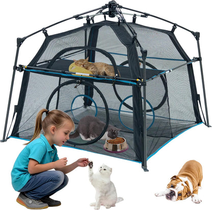 Cat Enclosure and Cat Tower Tent with Two Styles of canopiesfor Indoor and Outdoor,X-Large Outdoor Catio, Cat Tent,Portable and Foldable,Two Doors Design can Assemble More Shapes (Patented)