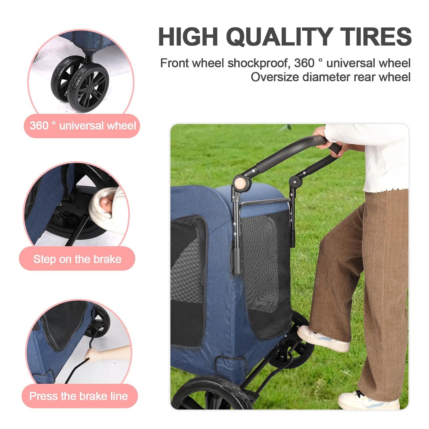 Large Dog Travel Stroller with 4 Heavy Duty Wheels Pet Stroller with Adjustable Handle - Double Doggie Capacity Jogger Wagon with Back Front Door for Small Medium Large Dogs (Navy) - Pawvie