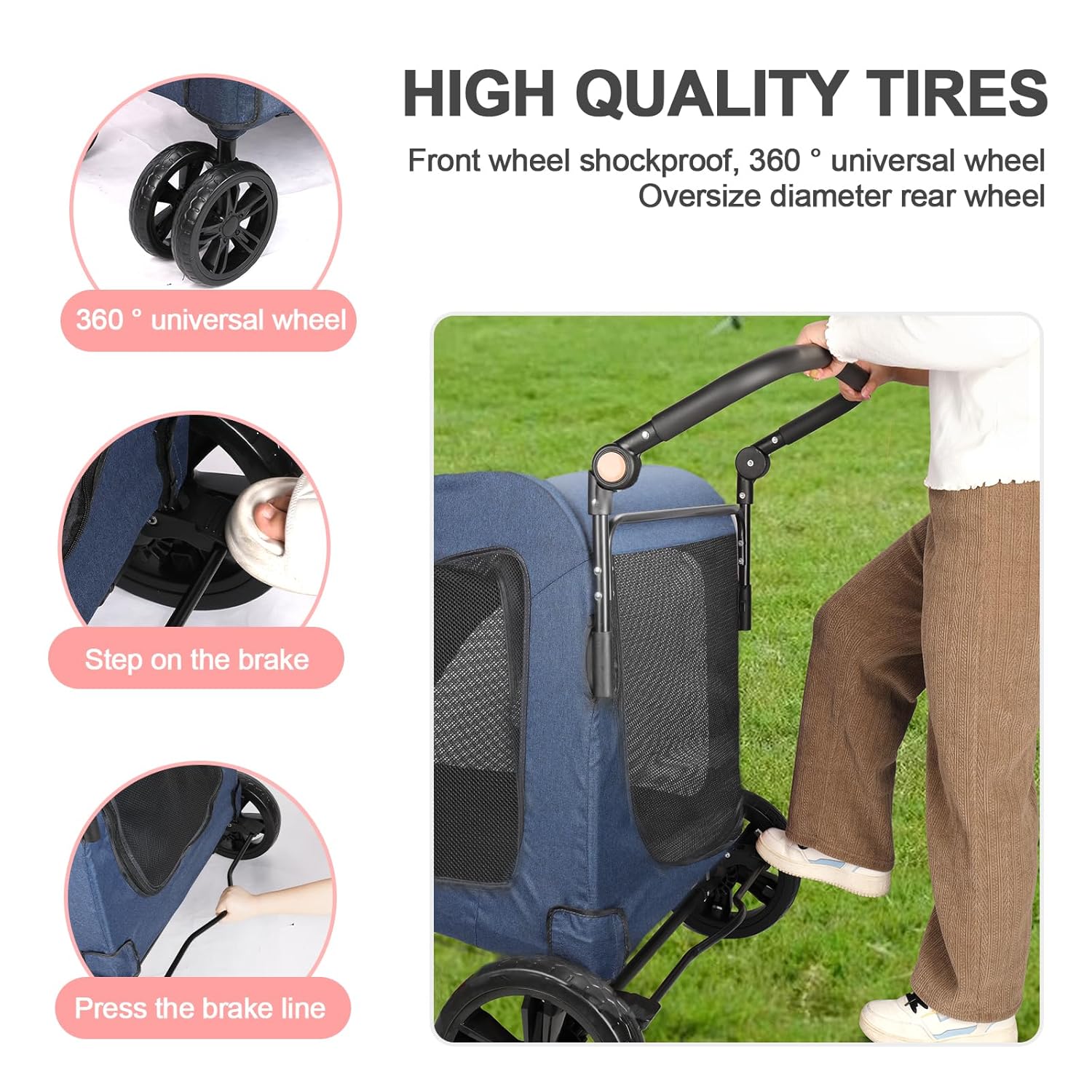 Large Dog Travel Stroller with 4 Heavy Duty Wheels Pet Stroller with Adjustable Handle - Double Doggie Capacity Jogger Wagon with Back Front Door for Small Medium Large Dogs (Navy) - Pawvie