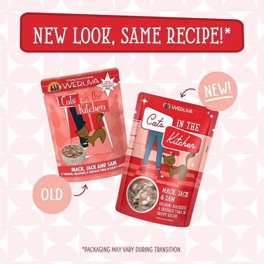 Weruva Cats in The Kitchen Mack, Jack & Sam with Mackerel, Skipjack & Salmon in Gravy Cat Food, 3oz Pouch (Pack of 12)