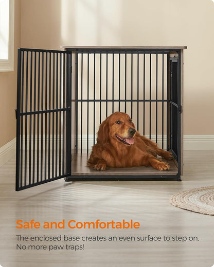 Feandrea Dog Crate Furniture, 43.3" Side End Table, Modern Kennel for Dogs Indoor up to 80 lb, Heavy-Duty Dog Cage with Enclosed Base, Double-Door Dog House, Greige UPFC024G01