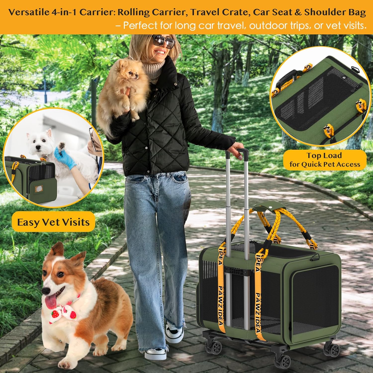 PAWZIDEA Expandable Pet Carrier with Wheels, 24x16x16in Large Cat Carrier for 2 Cats, Soft-Sided Dog Carriers for Small Medium Dog, Collapsible Rolling Travel Bag w/Telescopic Handle, XL Stroage Bag - Pawvie