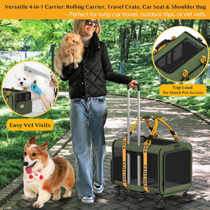 PAWZIDEA Expandable Pet Carrier with Wheels, 24x16x16in Large Cat Carrier for 2 Cats, Soft-Sided Dog Carriers for Small Medium Dog, Collapsible Rolling Travel Bag w/Telescopic Handle, XL Stroage Bag - Pawvie