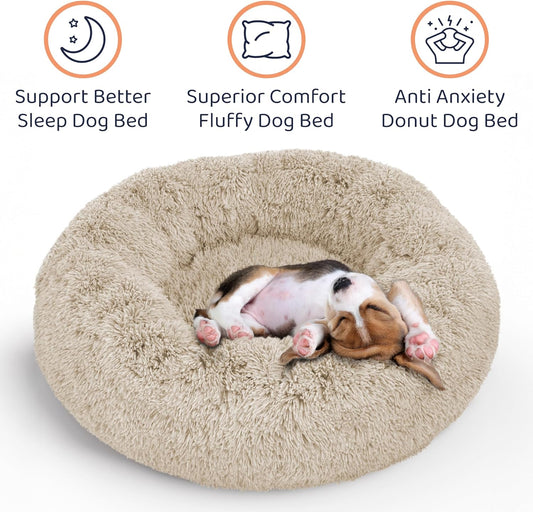 Donut Dog Bed - Premium Comfort for Anxiety Relief - Fluffy & Calming Design with Ultra-Plush Support | Cozy Round Dog Bed with Super Soft Circle Style (Size M Beige)