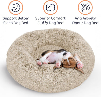 Donut Dog Bed - Premium Comfort for Anxiety Relief - Fluffy & Calming Design with Ultra-Plush Support | Cozy Round Dog Bed with Super Soft Circle Style (Size M Beige)