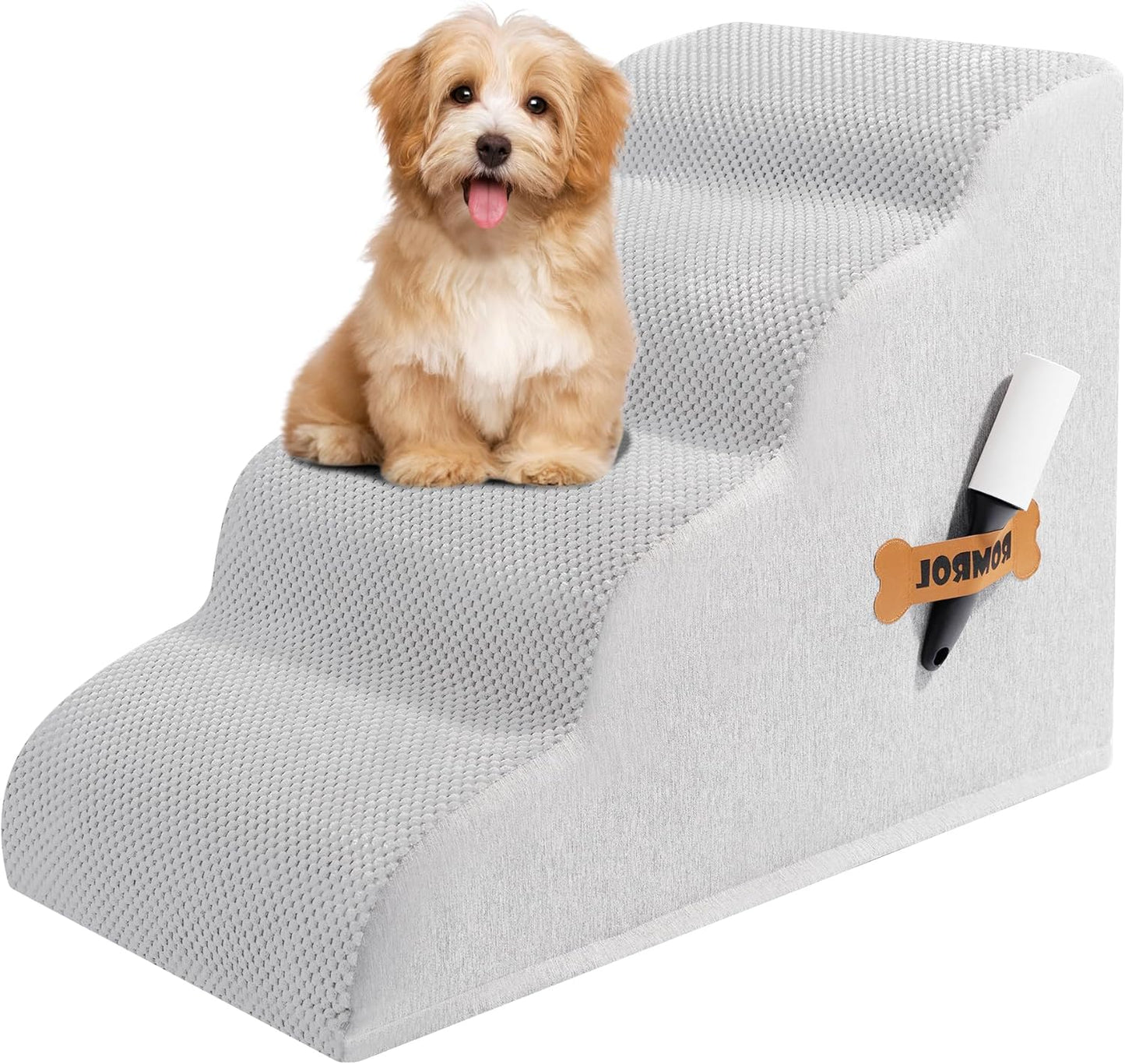 Romrol Dog Stairs Ramp for Beds Couches, Extra Wide Pet Steps with Durable Non-Slip Waterproof Fabric Cover, Dog Slope Stairs for Small Dogs and Cats or Pets Friendly, 4-TiersLight Grey - Pawvie