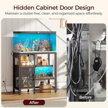 20-37 Gallon Fish Tank Stand, Aquarium Stand with Power Outlet and Storage Cabinet, Heavy Duty Tank Stand Suitable for Turtle Tank, Reptile Terrarium, for Home Office, Rustic Brown FTHR40E01