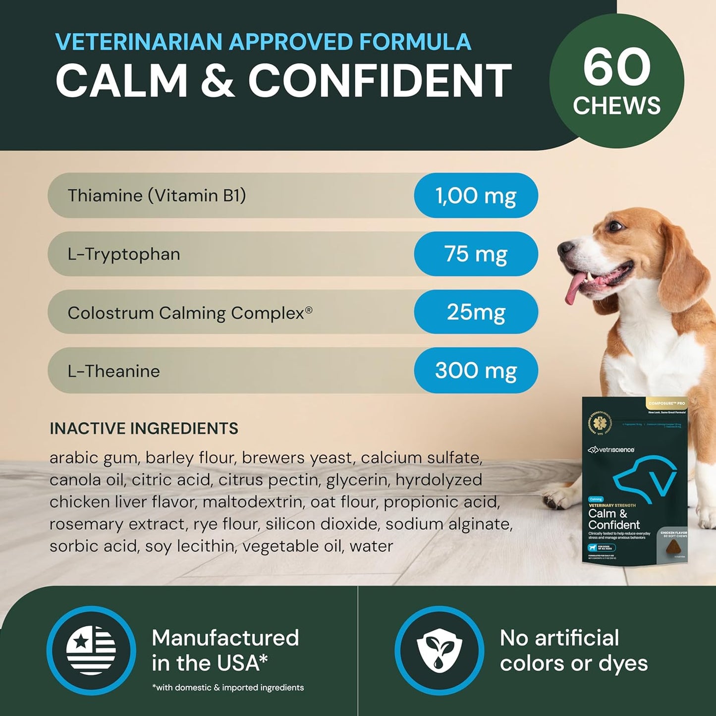 VetriScience Veterinary Strength Calm & Confident Chews - Stress Supplement for Pets - Supports Brain Function for Cats & Dogs - with L-Theanine, Thiamine & More - 60 Count