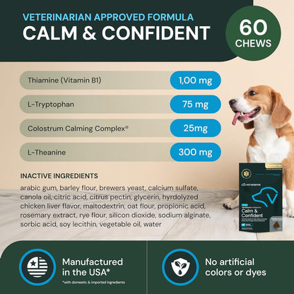 VetriScience Veterinary Strength Calm & Confident Chews - Stress Supplement for Pets - Supports Brain Function for Cats & Dogs - with L-Theanine, Thiamine & More - 60 Count
