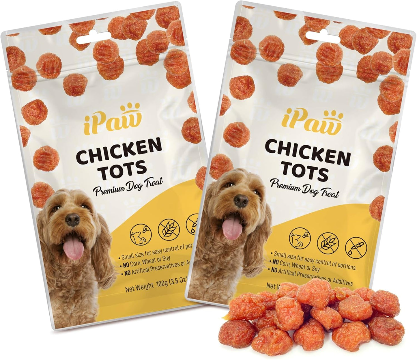 iPaw Chicken Tots Dog Treats for Puppy Training, All Natural Human Grade Dog Treat, Hypoallergenic, Easy to Digest (Chicken Tots), 2 Packs