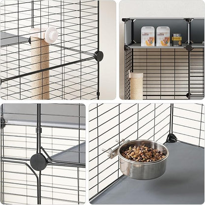 HOOBRO Cat Cage with Litter Box, 3 Tier Indoor Cat Enclosure Playpen with Storage, Food Bowls and Scratching Post, Detachable Metal Wire Kennel Crate, 27.6" L x 17.7" W x 48.8" H, Black and Grey